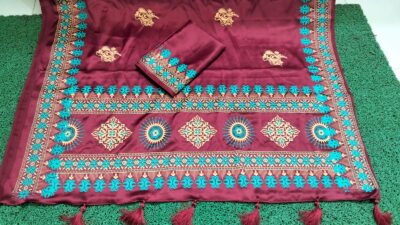 বোধুয়া বেনারশি প্রিন্ট শাড়ি মেরুন কালার - Image 6