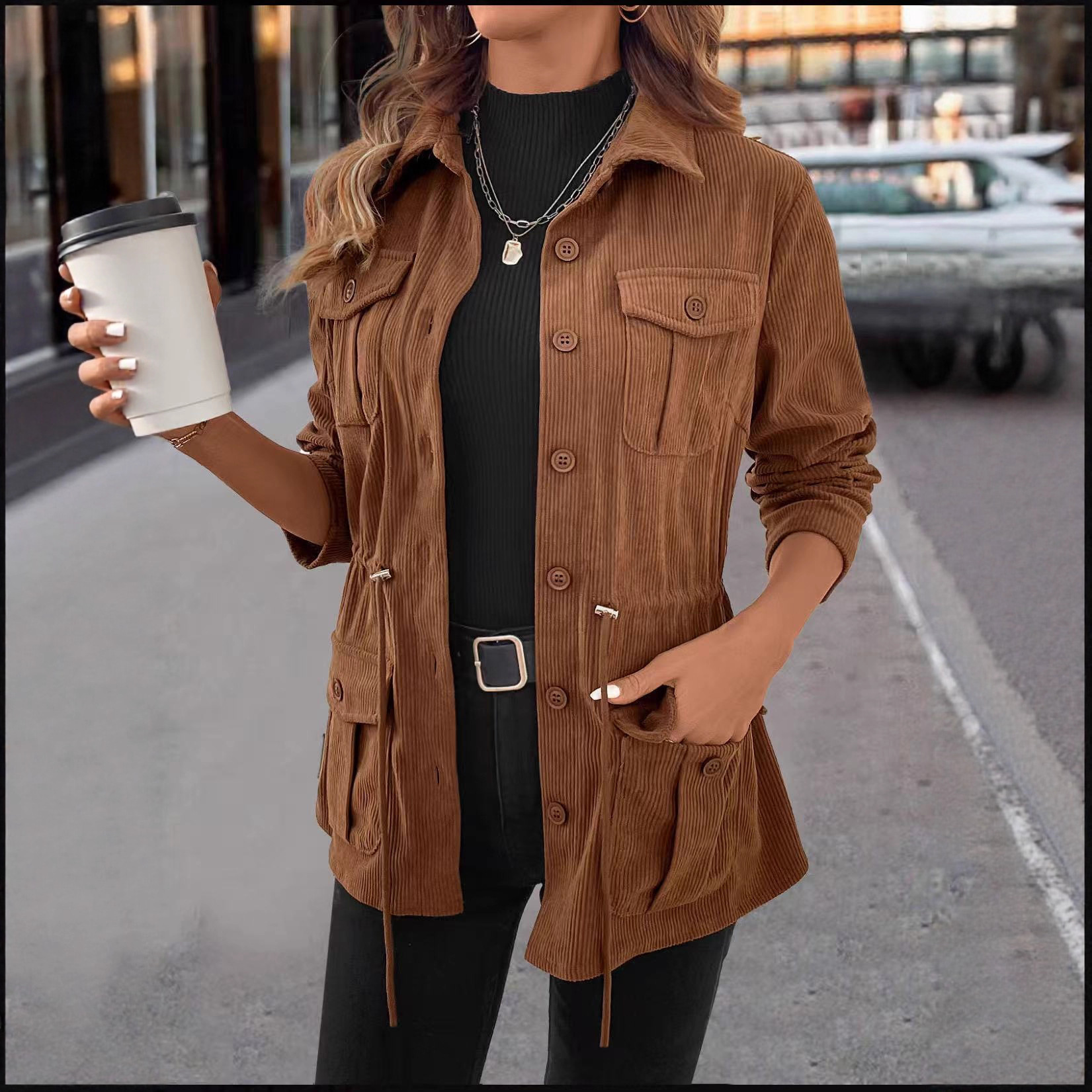 Spring And Autumn Corduroy Jacket Women's Casual Simple Solid Color Polo Collar - Image 3