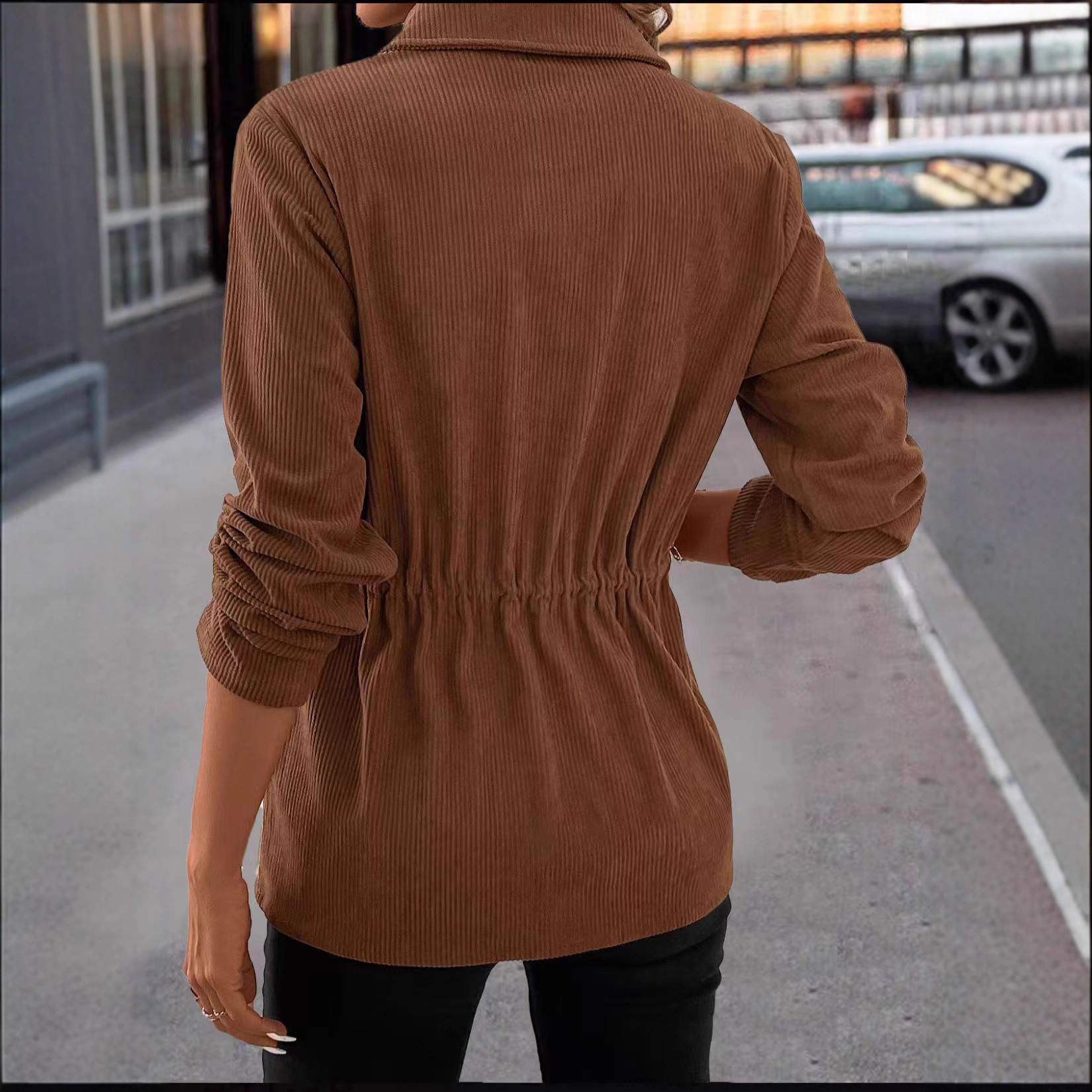Spring And Autumn Corduroy Jacket Women's Casual Simple Solid Color Polo Collar - Image 2